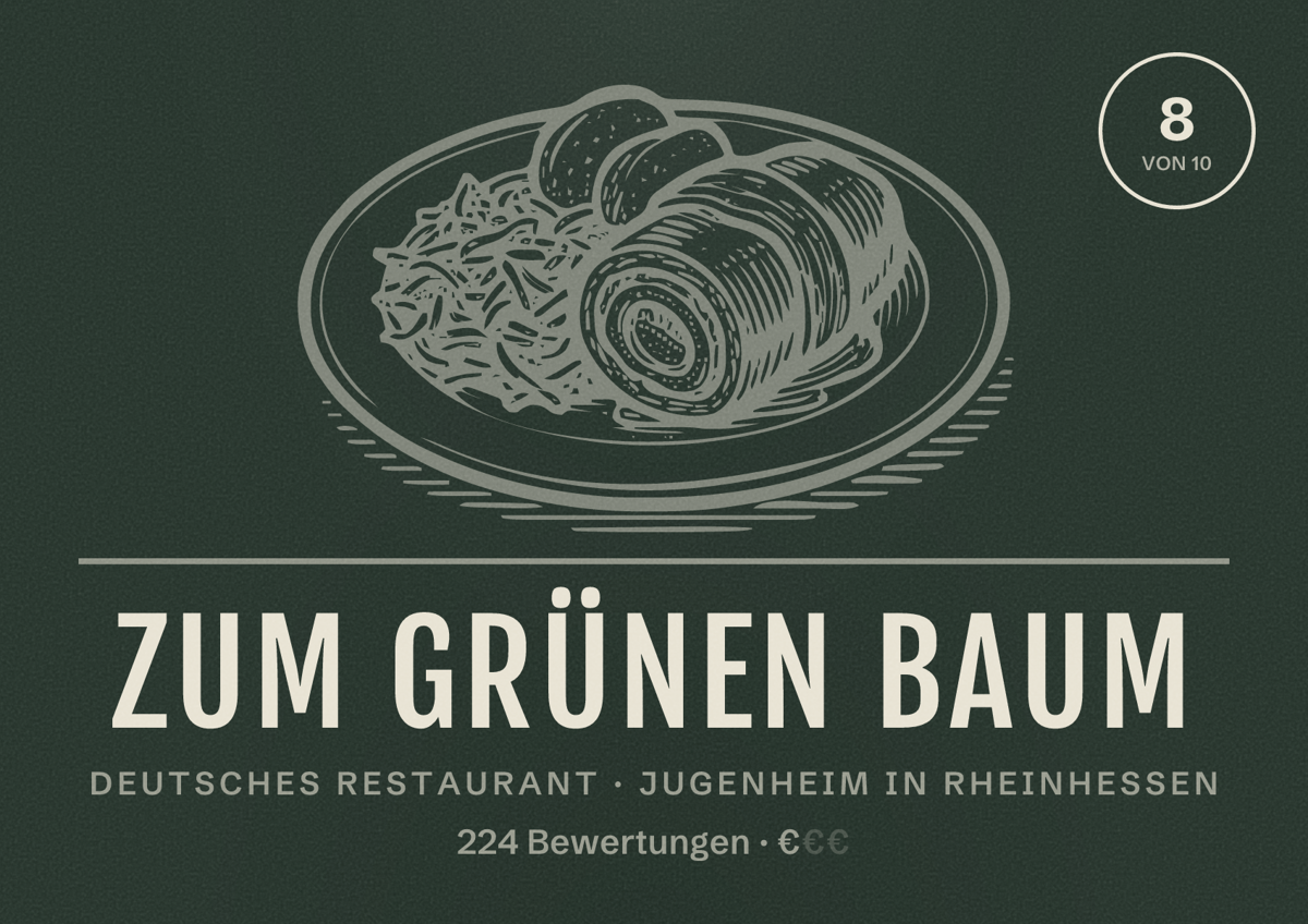 Illustriertes Poster von Zum grünen Baum, Deutsches Restaurant in Jugenheim in Rheinhessen: Bewertung 8 von 10 aus 224 Bewertungen, Preisniveau €