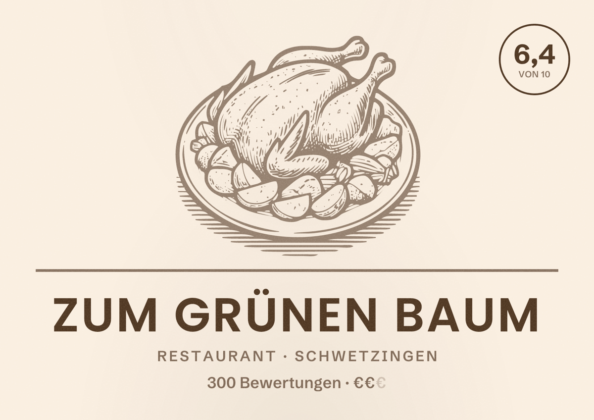 Illustriertes Poster von Zum Grünen Baum, Restaurant in Schwetzingen: Bewertung 6,4 von 10 aus 300 Bewertungen, Preisniveau €€