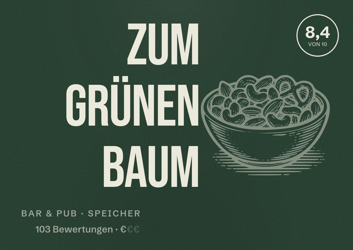Illustriertes Poster von Zum grünen Baum, Bar & Pub in Speicher: Bewertung 8,4 von 10 aus 103 Bewertungen, Preisniveau €