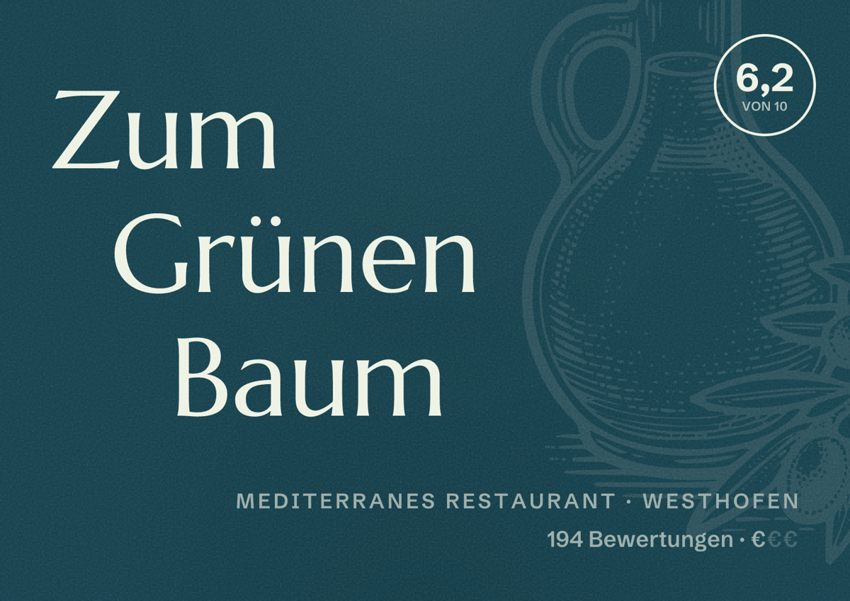 Illustriertes Poster von Zum Grünen Baum, Mediterranes Restaurant in Westhofen: Bewertung 6,2 von 10 aus 194 Bewertungen, Preisniveau €