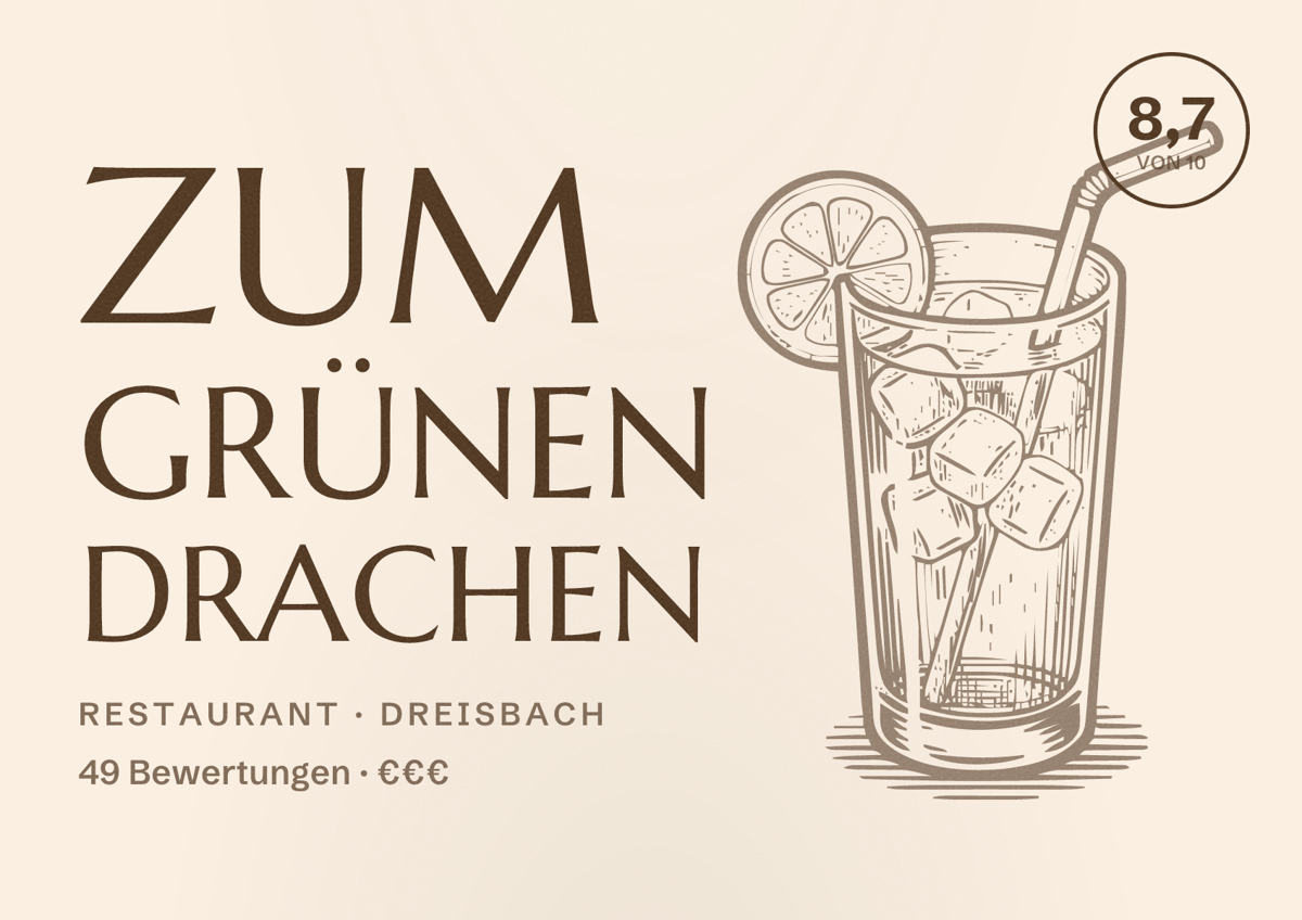 Illustriertes Poster von Zum grünen Drachen, Restaurant in Dreisbach: Bewertung 8,7 von 10 aus 49 Bewertungen, Preisniveau €€€