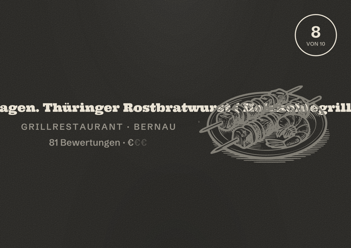 Illustriertes Poster von Zum grünen Grillwagen. Thüringer Rostbratwurst ( Holzkohlegrill ), Grillrestaurant in Bernau: Bewertung 8 von 10 aus 81 Bewertungen, Preisniveau €