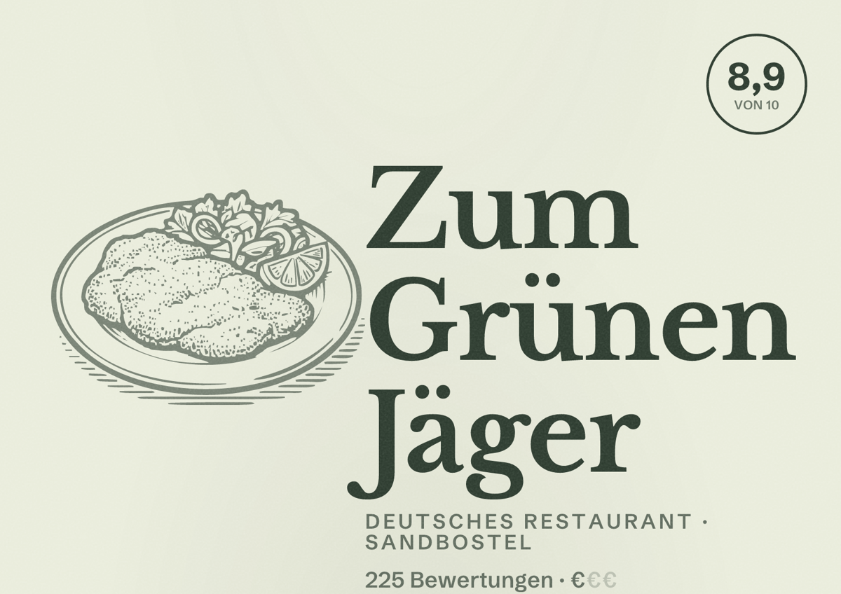 Illustriertes Poster von Zum Grünen Jäger, Deutsches Restaurant in Sandbostel: Bewertung 8,9 von 10 aus 225 Bewertungen, Preisniveau €