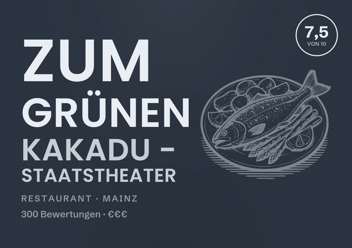 Illustriertes Poster von Zum grünen Kakadu - Staatstheater, Restaurant in Mainz: Bewertung 7,5 von 10 aus 300 Bewertungen, Preisniveau €€€