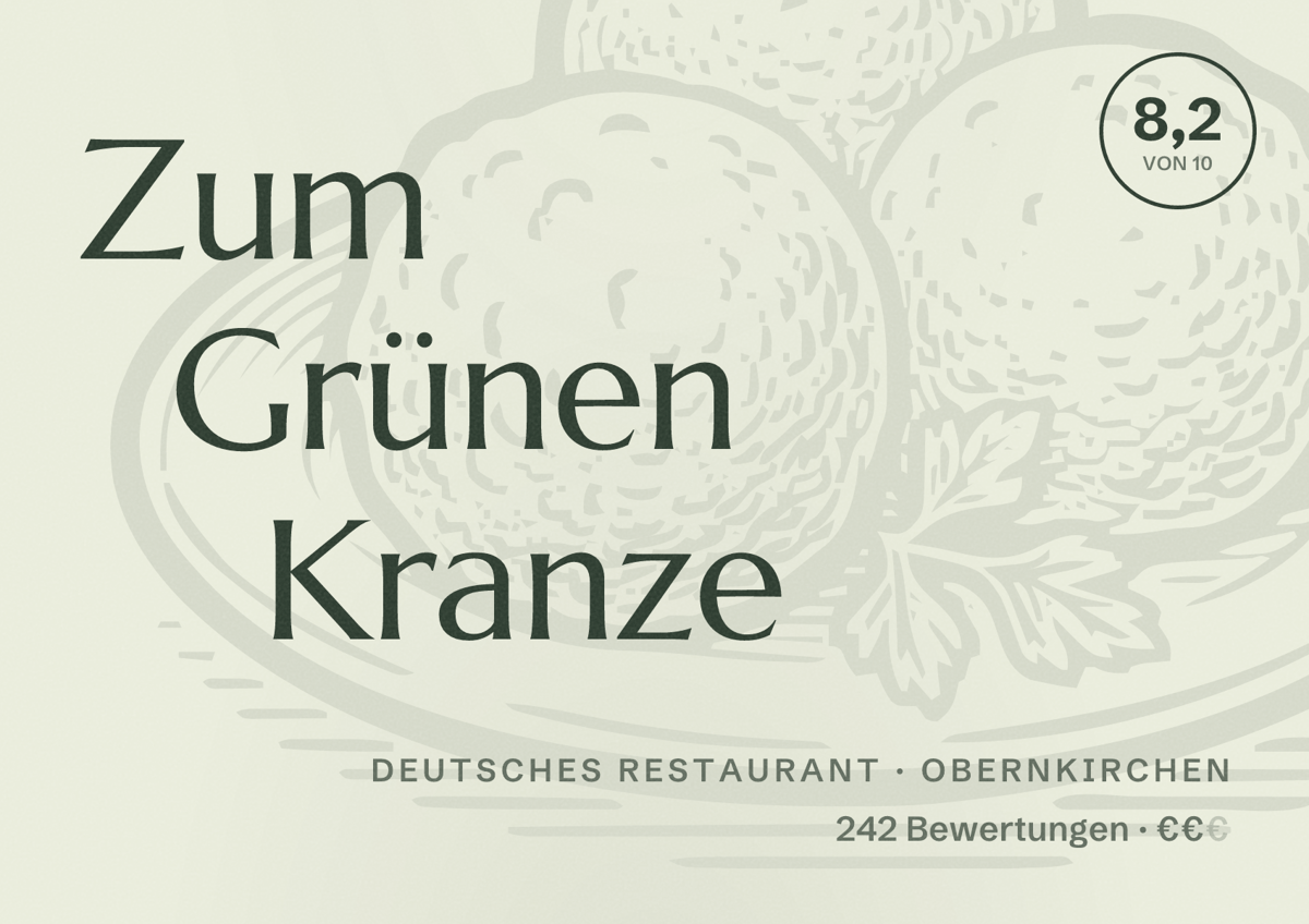 Illustriertes Poster von Zum Grünen Kranze, Deutsches Restaurant in Obernkirchen: Bewertung 8,2 von 10 aus 242 Bewertungen, Preisniveau €€