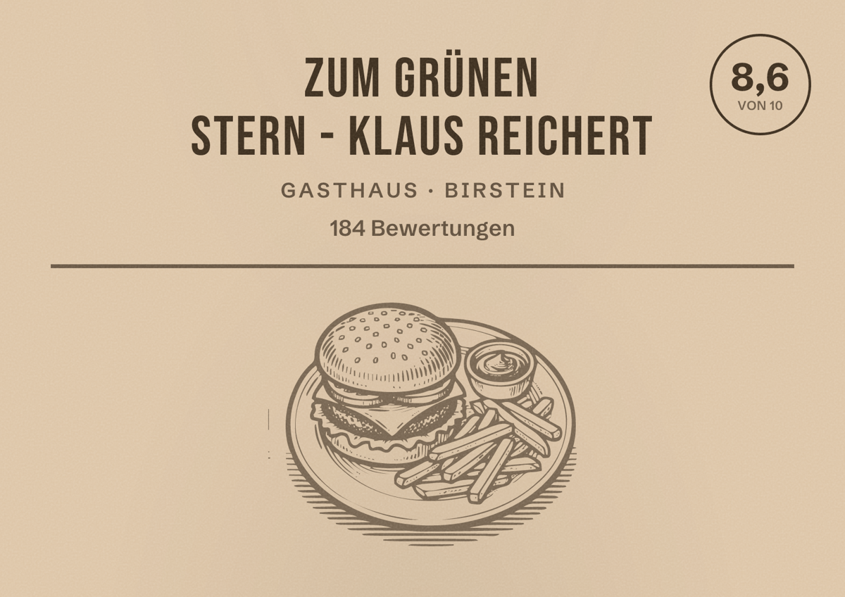 Illustriertes Poster von Zum grünen Stern - Klaus Reichert, Gasthaus in Birstein: Bewertung 8,6 von 10 aus 184 Bewertungen