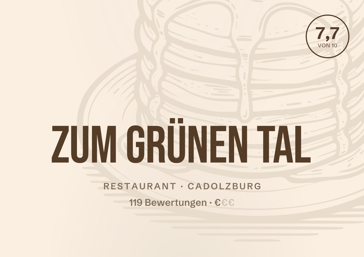 Illustriertes Poster von Zum Grünen Tal, Restaurant in Cadolzburg: Bewertung 7,7 von 10 aus 119 Bewertungen, Preisniveau €
