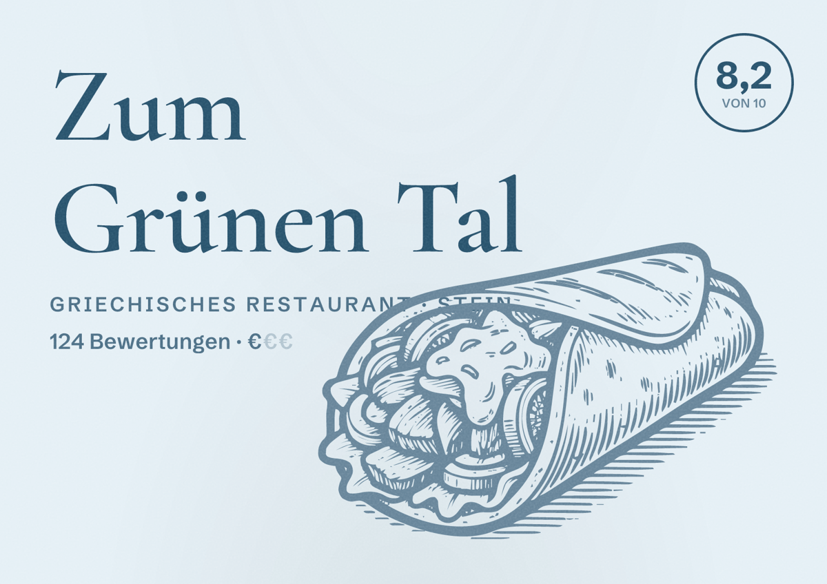 Illustriertes Poster von Zum Grünen Tal, Griechisches Restaurant in Stein: Bewertung 8,2 von 10 aus 124 Bewertungen, Preisniveau €