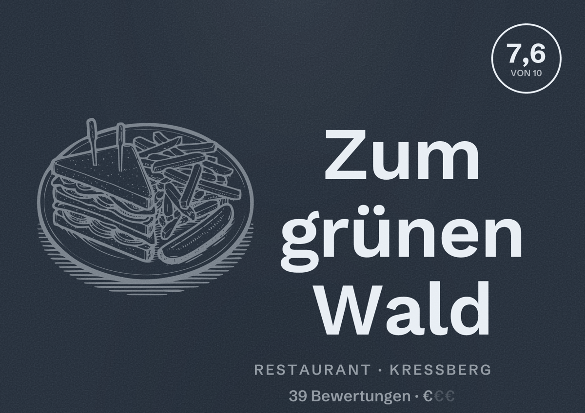 Illustriertes Poster von Zum grünen Wald, Restaurant in Kreßberg: Bewertung 7,6 von 10 aus 39 Bewertungen, Preisniveau €