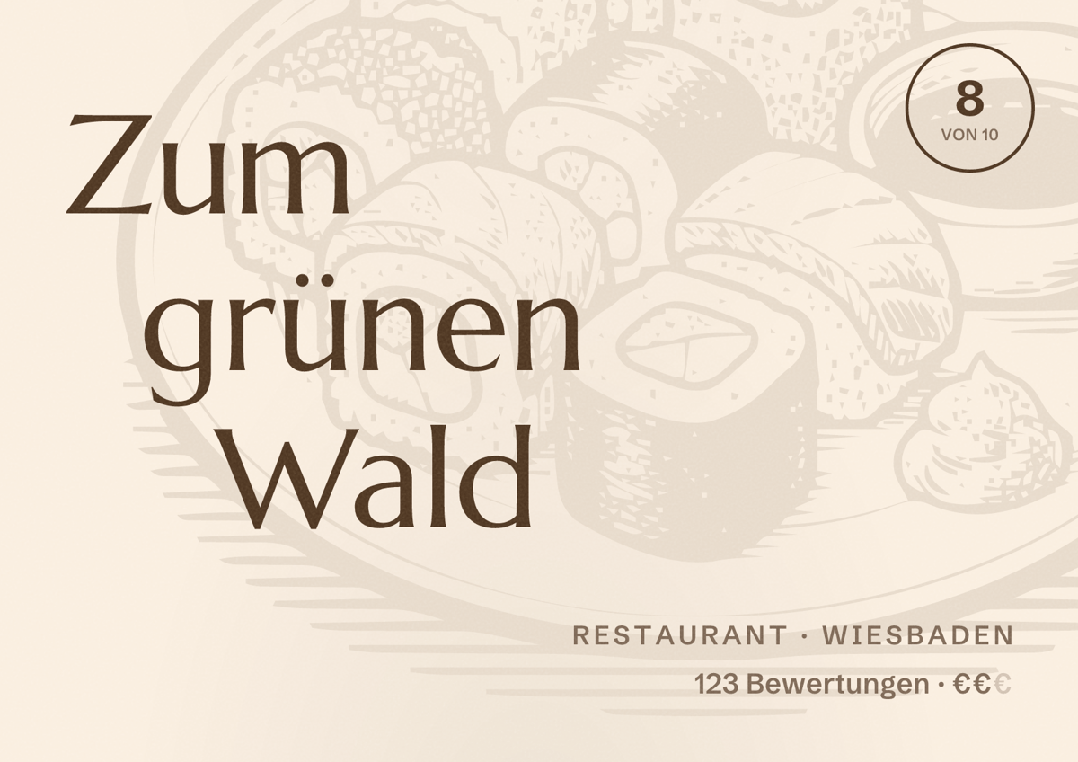 Illustriertes Poster von Zum grünen Wald, Restaurant in Wiesbaden: Bewertung 8,0 von 10 aus 123 Bewertungen, Preisniveau €€