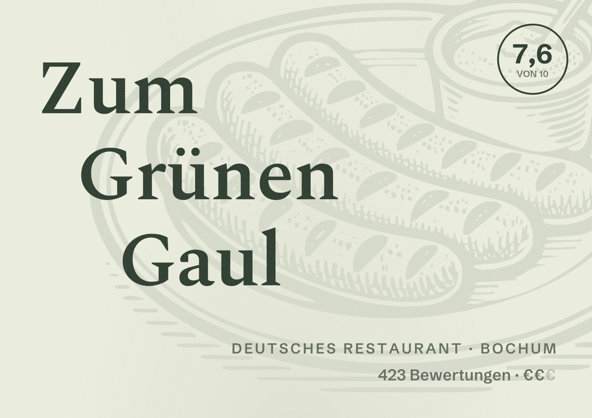 Illustriertes Poster von Zum Grünen Gaul, Deutsches Restaurant in Bochum: Bewertung 7,6 von 10 aus 423 Bewertungen, Preisniveau €€