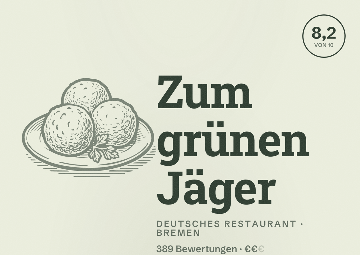 Illustriertes Poster von Zum grünen Jäger, Deutsches Restaurant in Bremen: Bewertung 8,2 von 10 aus 389 Bewertungen, Preisniveau €€