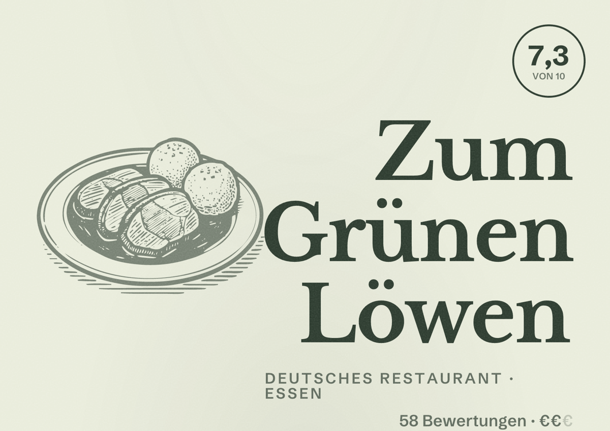 Illustriertes Poster von Zum Grünen Löwen, Deutsches Restaurant in Essen: Bewertung 7,3 von 10 aus 58 Bewertungen, Preisniveau €€