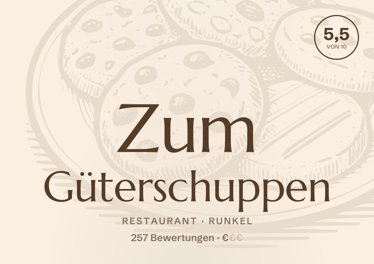 Illustriertes Poster von Zum Güterschuppen, Restaurant in Runkel: Bewertung 5,5 von 10 aus 257 Bewertungen, Preisniveau €