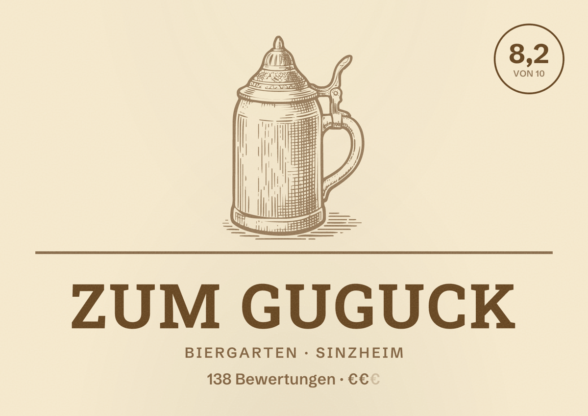 Illustriertes Poster von Zum Guguck, Biergarten in Sinzheim: Bewertung 8,2 von 10 aus 138 Bewertungen, Preisniveau €€