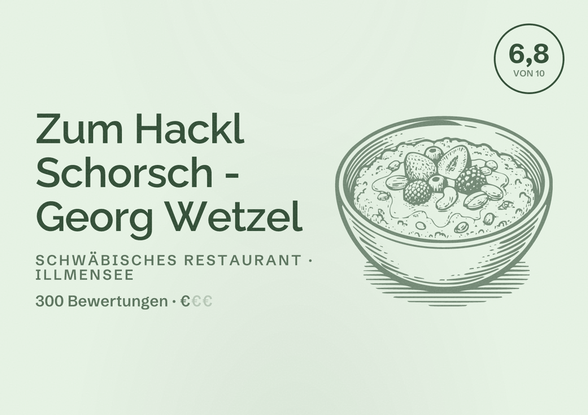 Illustriertes Poster von Zum Hackl Schorsch - Georg Wetzel, Schwäbisches Restaurant in Illmensee: Bewertung 6,8 von 10 aus 300 Bewertungen, Preisniveau €