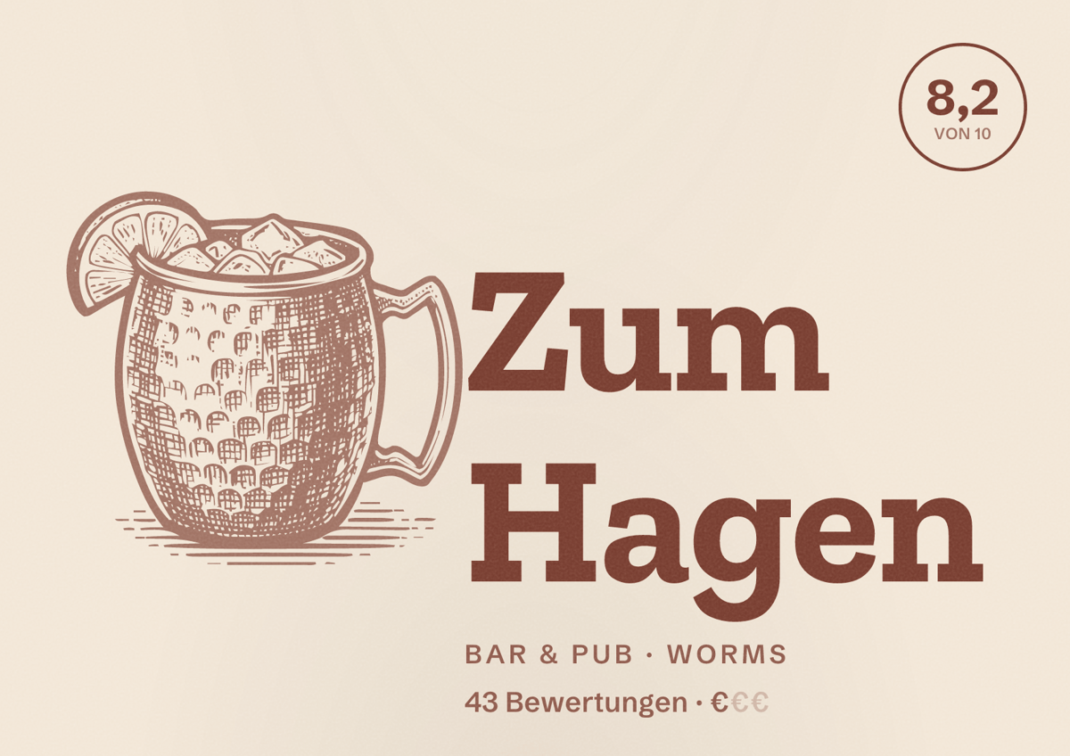 Illustriertes Poster von Zum Hagen, Bar & Pub in Worms: Bewertung 8,2 von 10 aus 43 Bewertungen, Preisniveau €