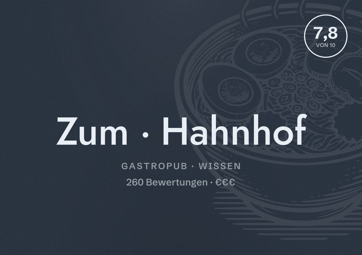 Illustriertes Poster von Zum Hahnhof, Gastropub in Wissen: Bewertung 7,8 von 10 aus 260 Bewertungen, Preisniveau €€€