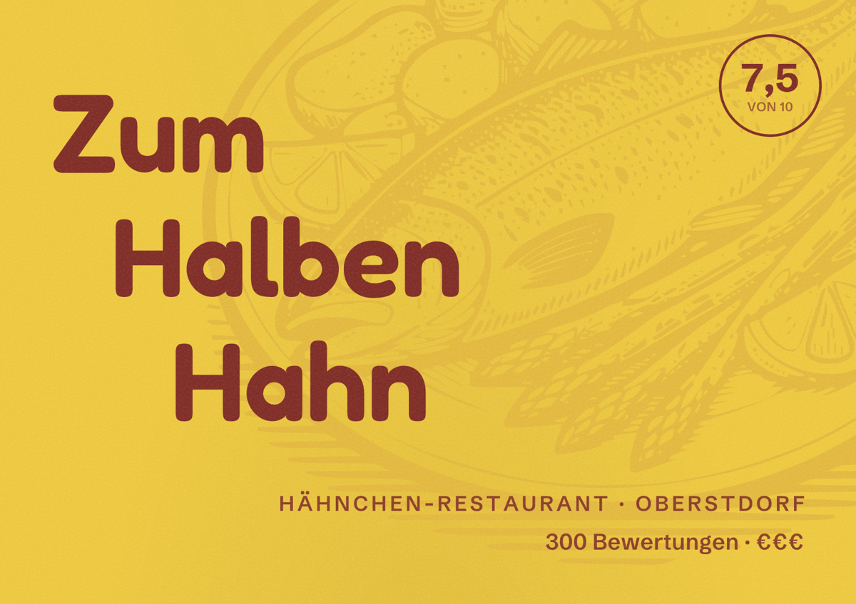 Illustriertes Poster von Zum Halben Hahn, Hähnchen-Restaurant in Oberstdorf: Bewertung 7,5 von 10 aus 300 Bewertungen, Preisniveau €€€