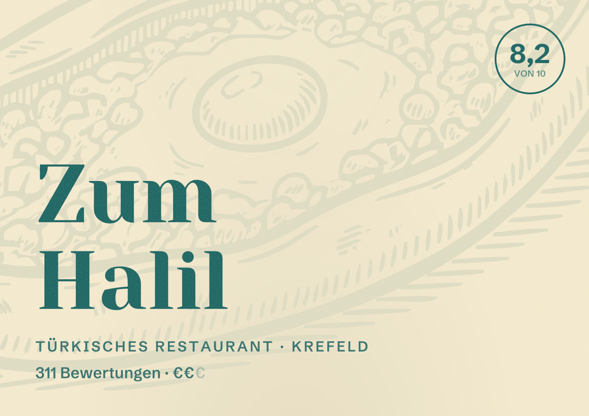 Illustriertes Poster von Zum Halil, Türkisches Restaurant in Krefeld: Bewertung 8,2 von 10 aus 311 Bewertungen, Preisniveau €€