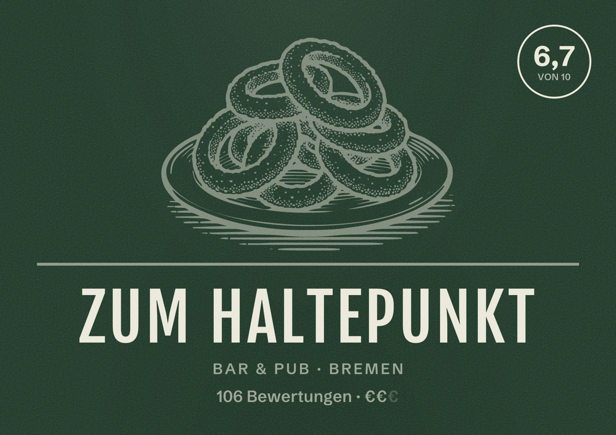Illustriertes Poster von Zum Haltepunkt, Bar & Pub in Bremen: Bewertung 6,7 von 10 aus 106 Bewertungen, Preisniveau €€