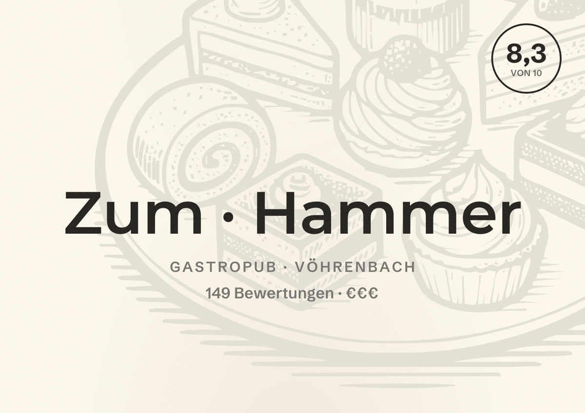 Illustriertes Poster von Zum Hammer, Gastropub in Vöhrenbach: Bewertung 8,3 von 10 aus 149 Bewertungen, Preisniveau €€€