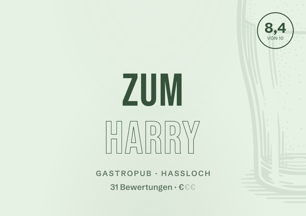 Illustriertes Poster von Zum Harry, Gastropub in Haßloch: Bewertung 8,4 von 10 aus 31 Bewertungen, Preisniveau €