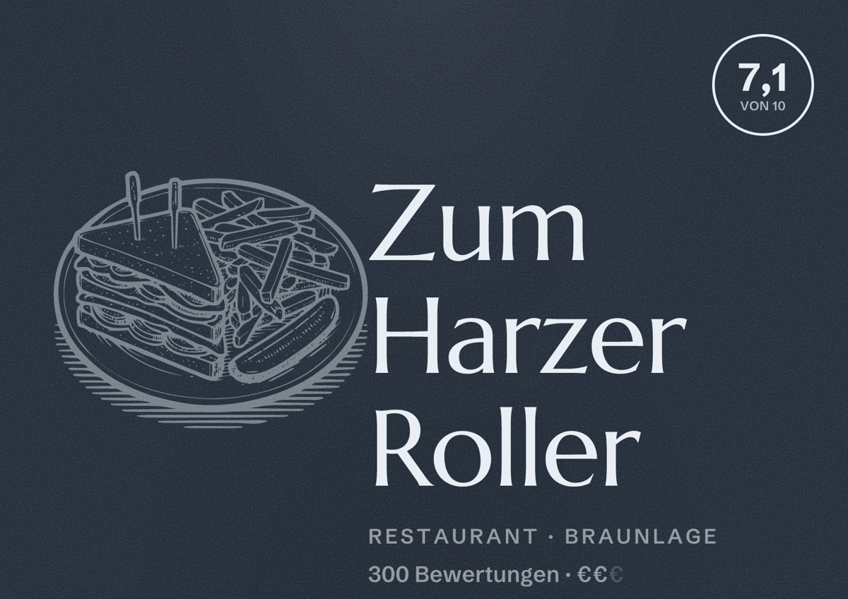 Illustriertes Poster von Zum Harzer Roller, Restaurant in Braunlage: Bewertung 7,1 von 10 aus 300 Bewertungen, Preisniveau €€