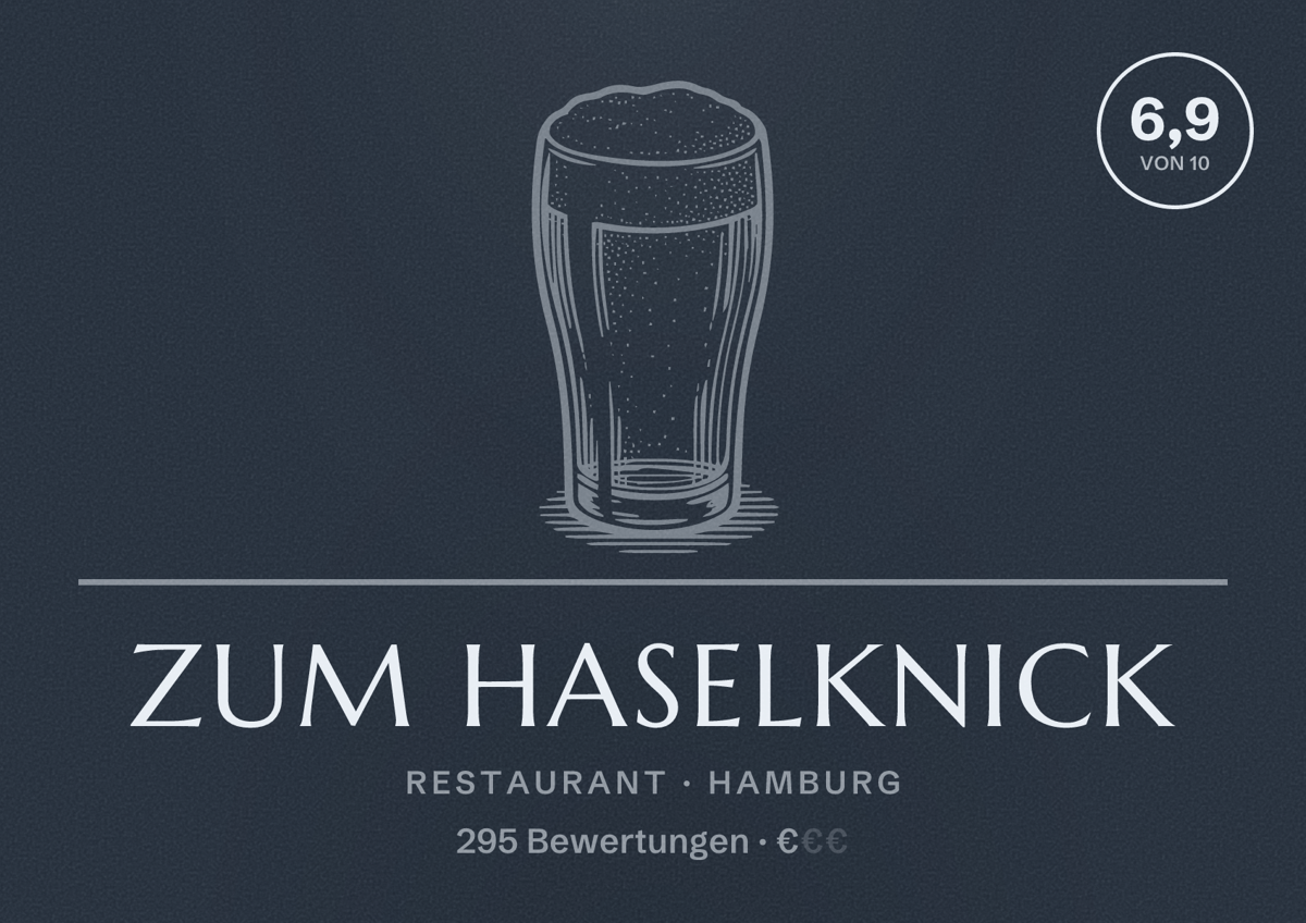 Illustriertes Poster von Zum Haselknick, Restaurant in Hamburg: Bewertung 6,9 von 10 aus 295 Bewertungen, Preisniveau €
