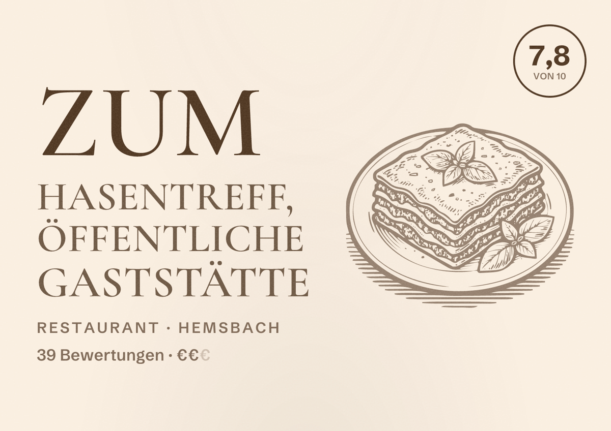 Illustriertes Poster von Zum Hasentreff, öffentliche Gaststätte, Restaurant in Hemsbach: Bewertung 7,8 von 10 aus 39 Bewertungen, Preisniveau €€