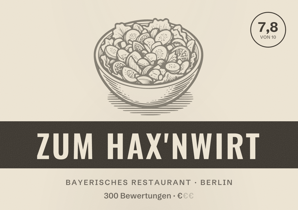 Illustriertes Poster von Zum Hax'nwirt, Bayerisches Restaurant in Berlin: Bewertung 7,8 von 10 aus 300 Bewertungen, Preisniveau €