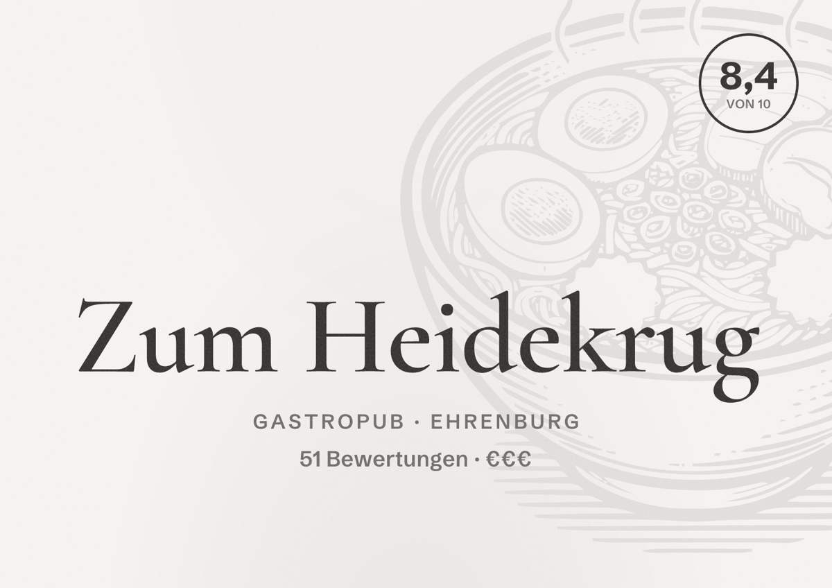 Illustriertes Poster von Zum Heidekrug, Gastropub in Ehrenburg: Bewertung 8,4 von 10 aus 51 Bewertungen, Preisniveau €€€