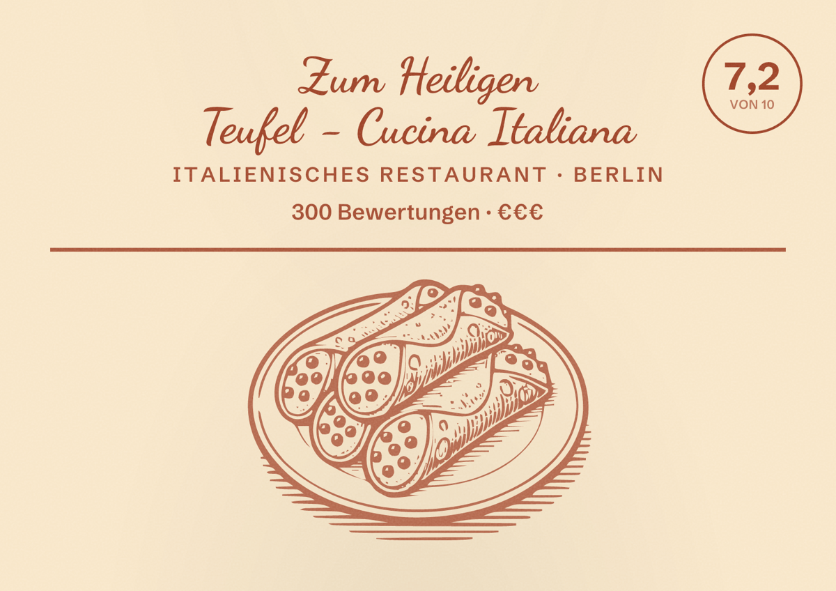 Illustriertes Poster von Zum Heiligen Teufel - Cucina Italiana, Italienisches Restaurant in Berlin: Bewertung 7,2 von 10 aus 300 Bewertungen, Preisniveau €€€