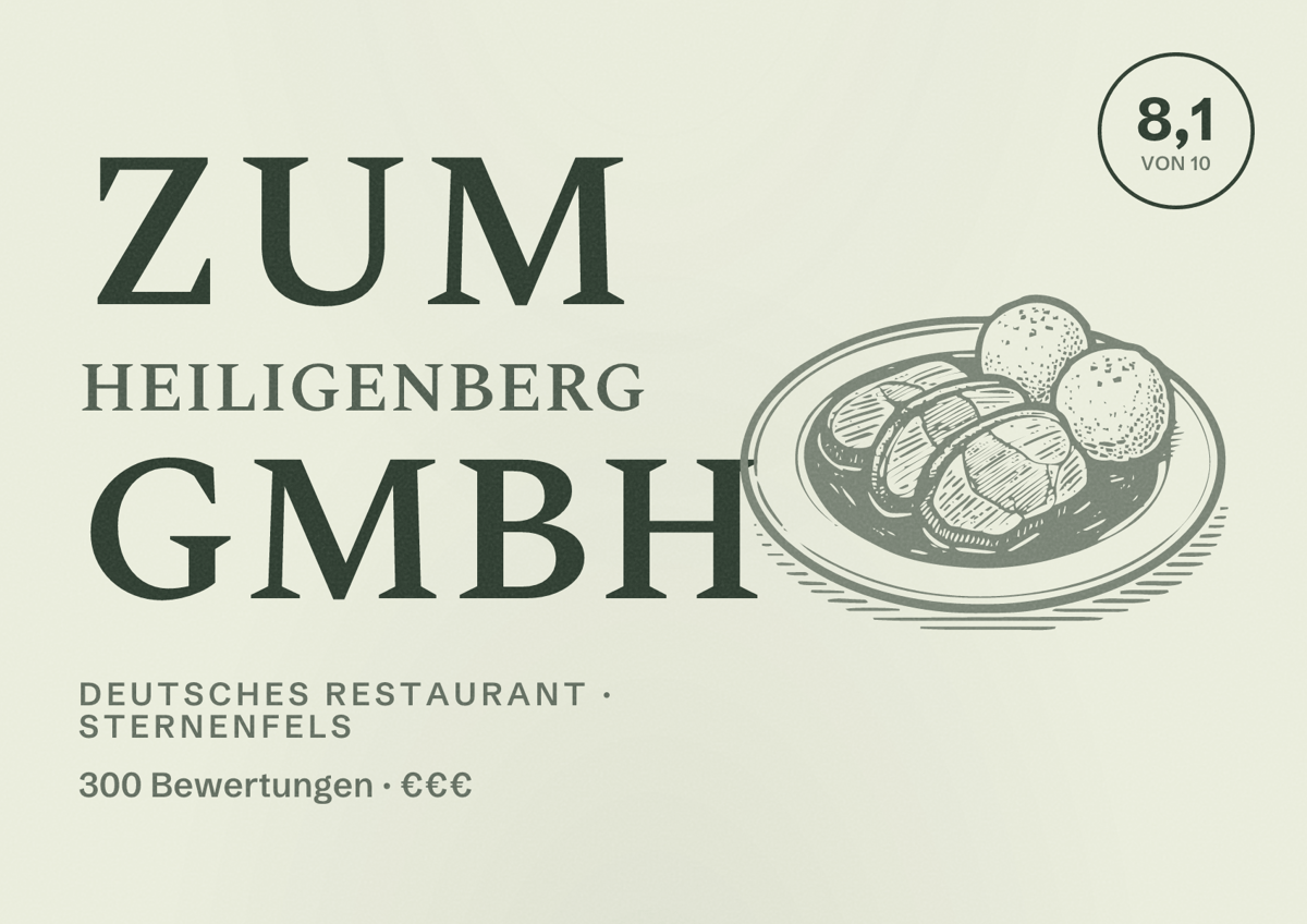 Illustriertes Poster von Zum Heiligenberg GmbH, Deutsches Restaurant in Sternenfels: Bewertung 8,1 von 10 aus 300 Bewertungen, Preisniveau €€€