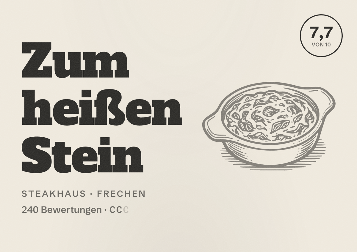 Illustriertes Poster von Zum heißen Stein, Steakhaus in Frechen: Bewertung 7,7 von 10 aus 240 Bewertungen, Preisniveau €€