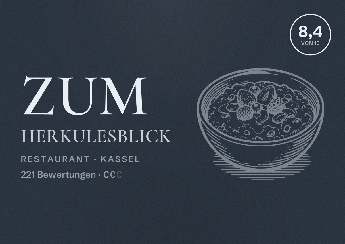 Illustriertes Poster von Zum Herkulesblick, Restaurant in Kassel: Bewertung 8,4 von 10 aus 221 Bewertungen, Preisniveau €€