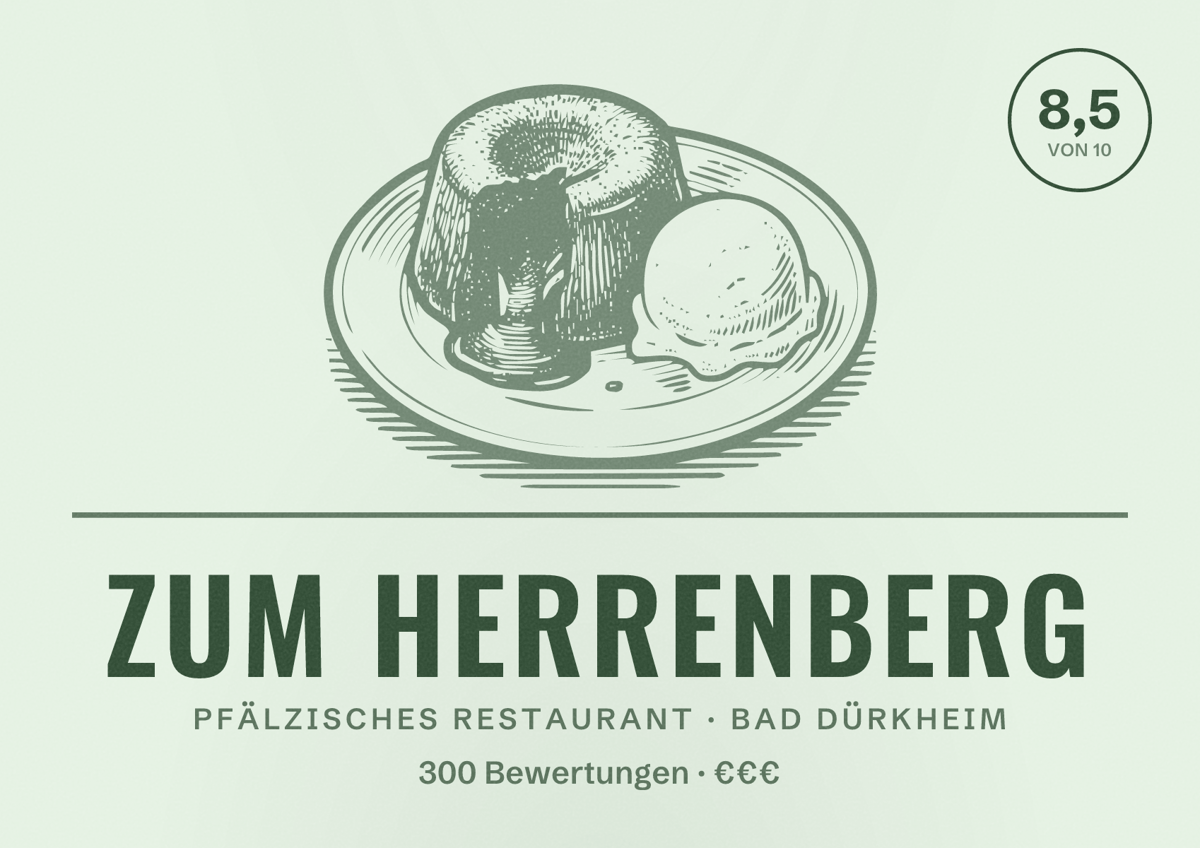Illustriertes Poster von Zum Herrenberg, Pfälzisches Restaurant in Bad Dürkheim: Bewertung 8,5 von 10 aus 300 Bewertungen, Preisniveau €€€
