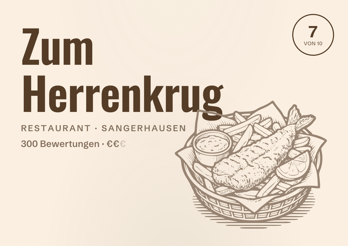 Illustriertes Poster von Zum Herrenkrug, Restaurant in Sangerhausen: Bewertung 7 von 10 aus 300 Bewertungen, Preisniveau €€