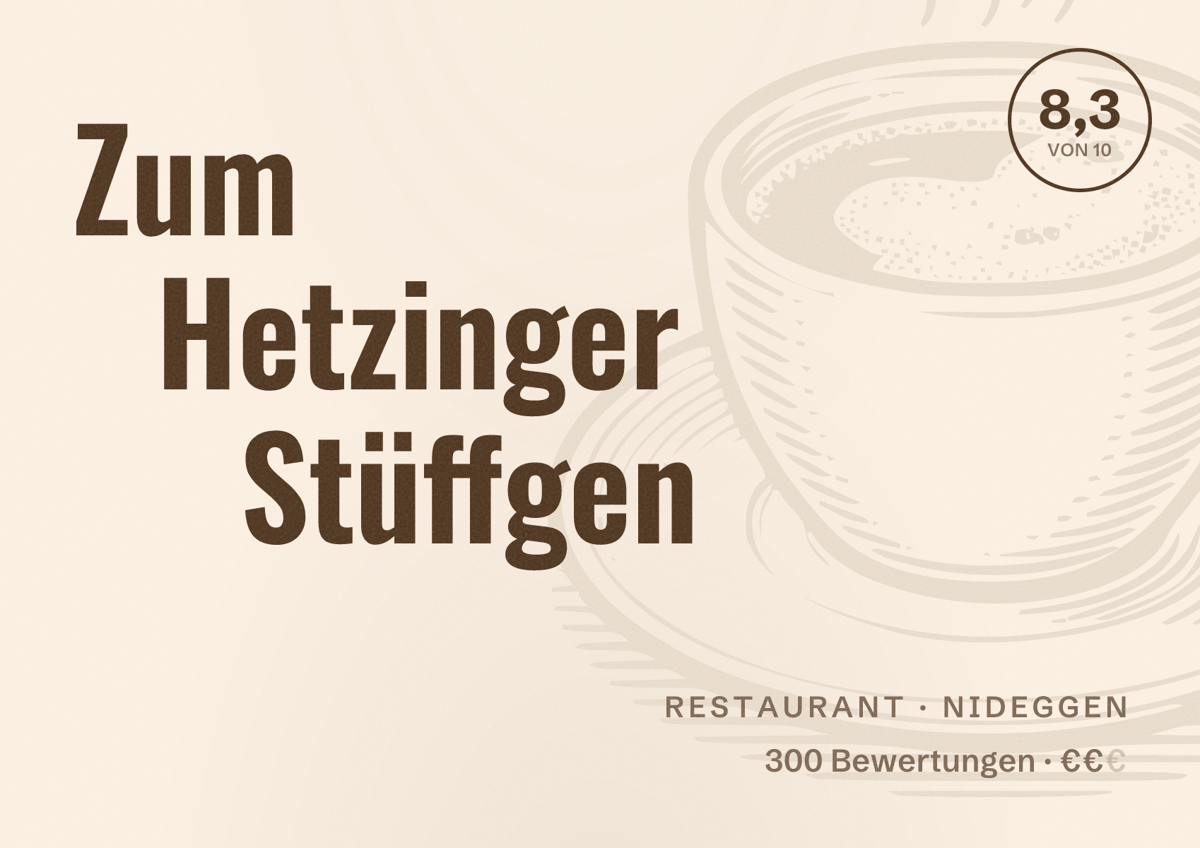 Illustriertes Poster von Zum Hetzinger Stüffgen, Restaurant in Nideggen: Bewertung 8,3 von 10 aus 300 Bewertungen, Preisniveau €€