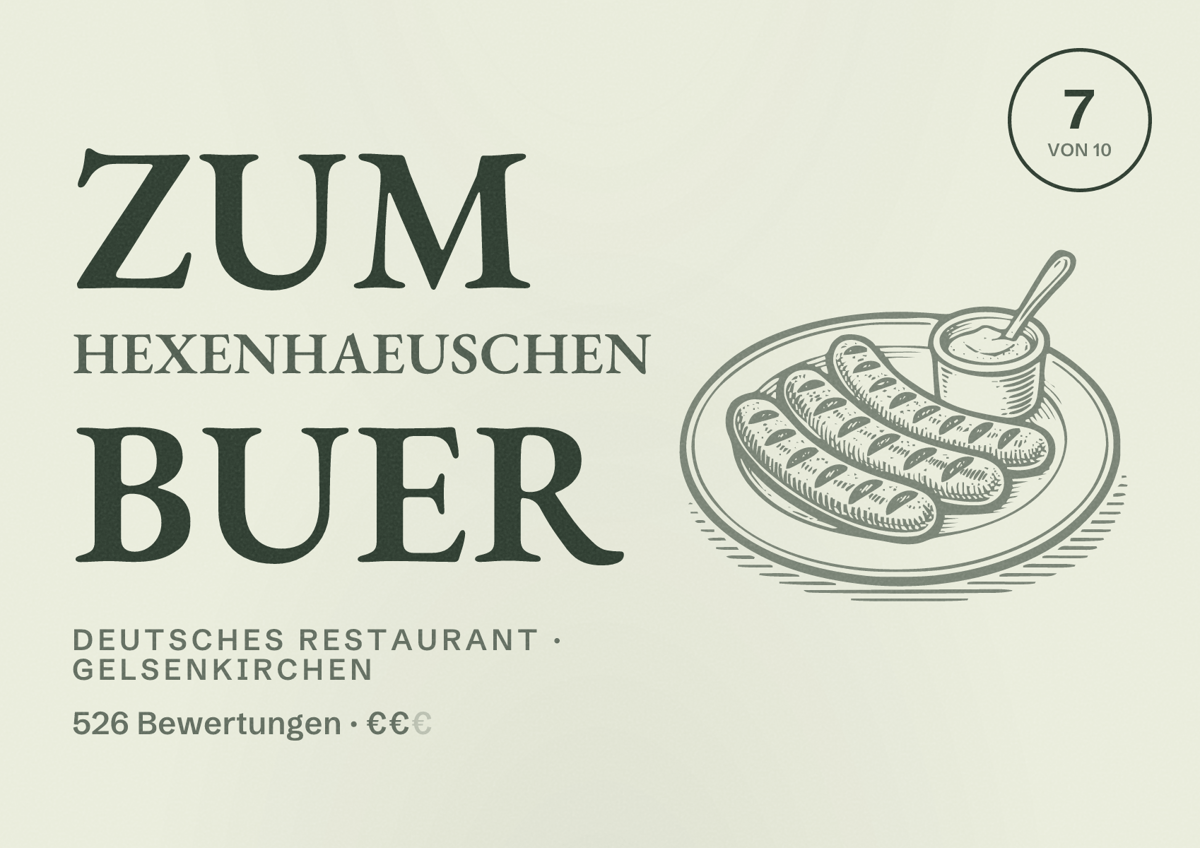 Illustriertes Poster von Zum Hexenhaeuschen Buer, Deutsches Restaurant in Gelsenkirchen: Bewertung 7 von 10 aus 526 Bewertungen, Preisniveau €€