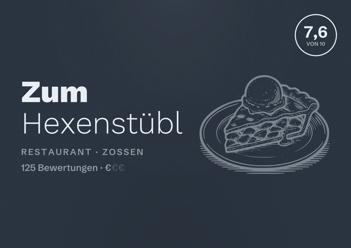 Illustriertes Poster von Zum Hexenstübl, Restaurant in Zossen: Bewertung 7,6 von 10 aus 125 Bewertungen, Preisniveau €