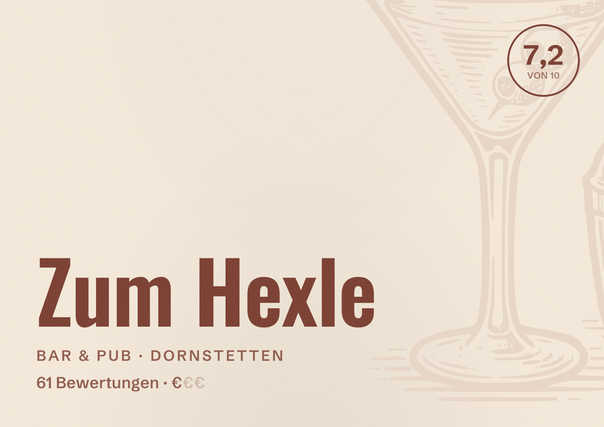 Illustriertes Poster von Zum Hexle, Bar & Pub in Dornstetten: Bewertung 7,2 von 10 aus 61 Bewertungen, Preisniveau €