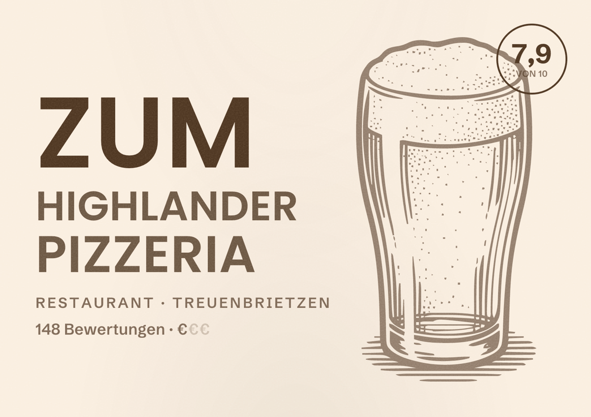 Illustriertes Poster von Zum Highlander Pizzeria, Restaurant in Treuenbrietzen: Bewertung 7,9 von 10 aus 148 Bewertungen, Preisniveau €