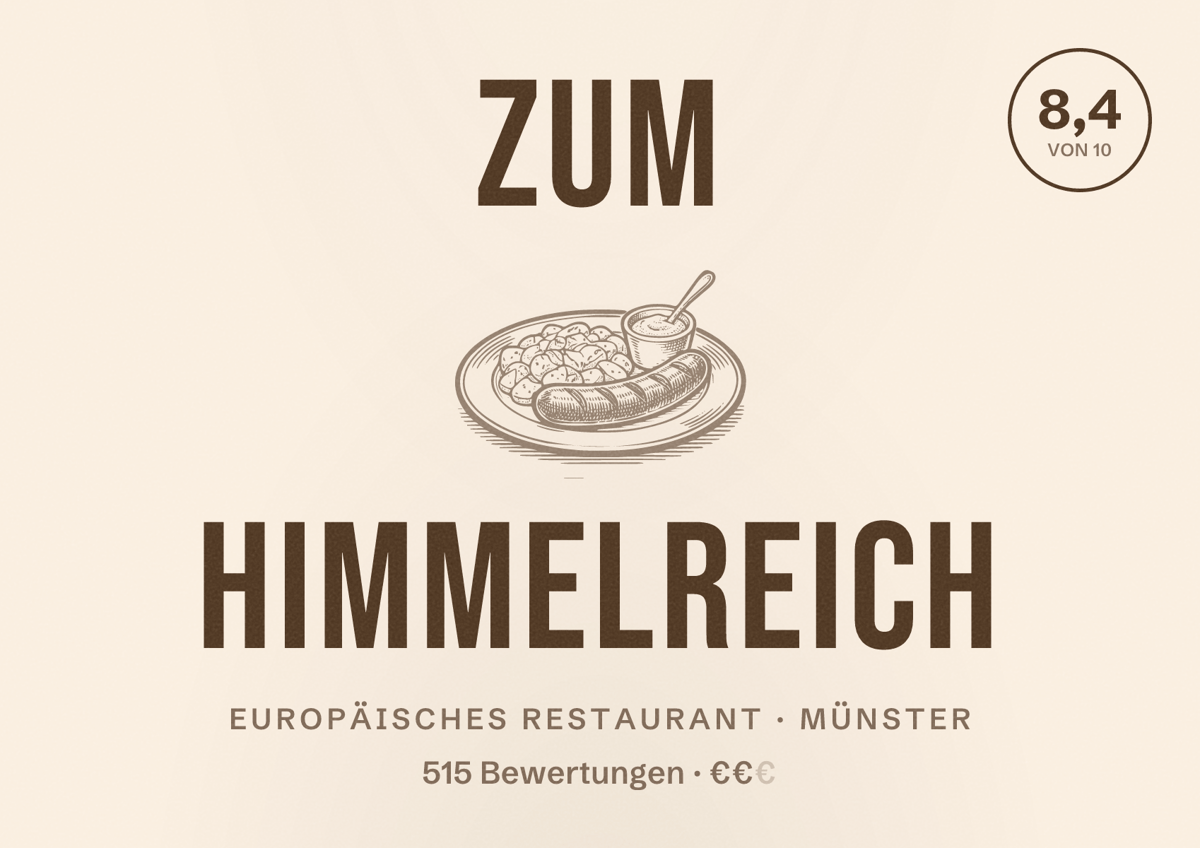 Illustriertes Poster von Zum Himmelreich, Europäisches Restaurant in Münster: Bewertung 8,4 von 10 aus 515 Bewertungen, Preisniveau €€