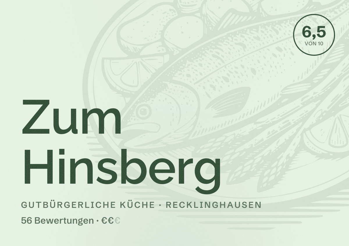 Illustriertes Poster von Zum Hinsberg, Gutbürgerliche Küche in Recklinghausen: Gästebewertung 6,5 von 10 aus 56 Bewertungen