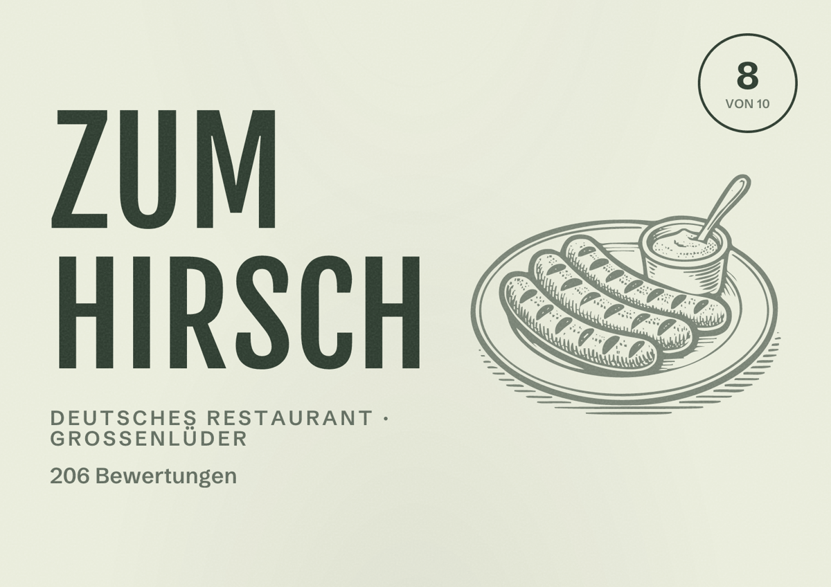 Illustriertes Poster von Zum Hirsch, Deutsches Restaurant in Großenlüder: Bewertung 8 von 10 aus 206 Bewertungen