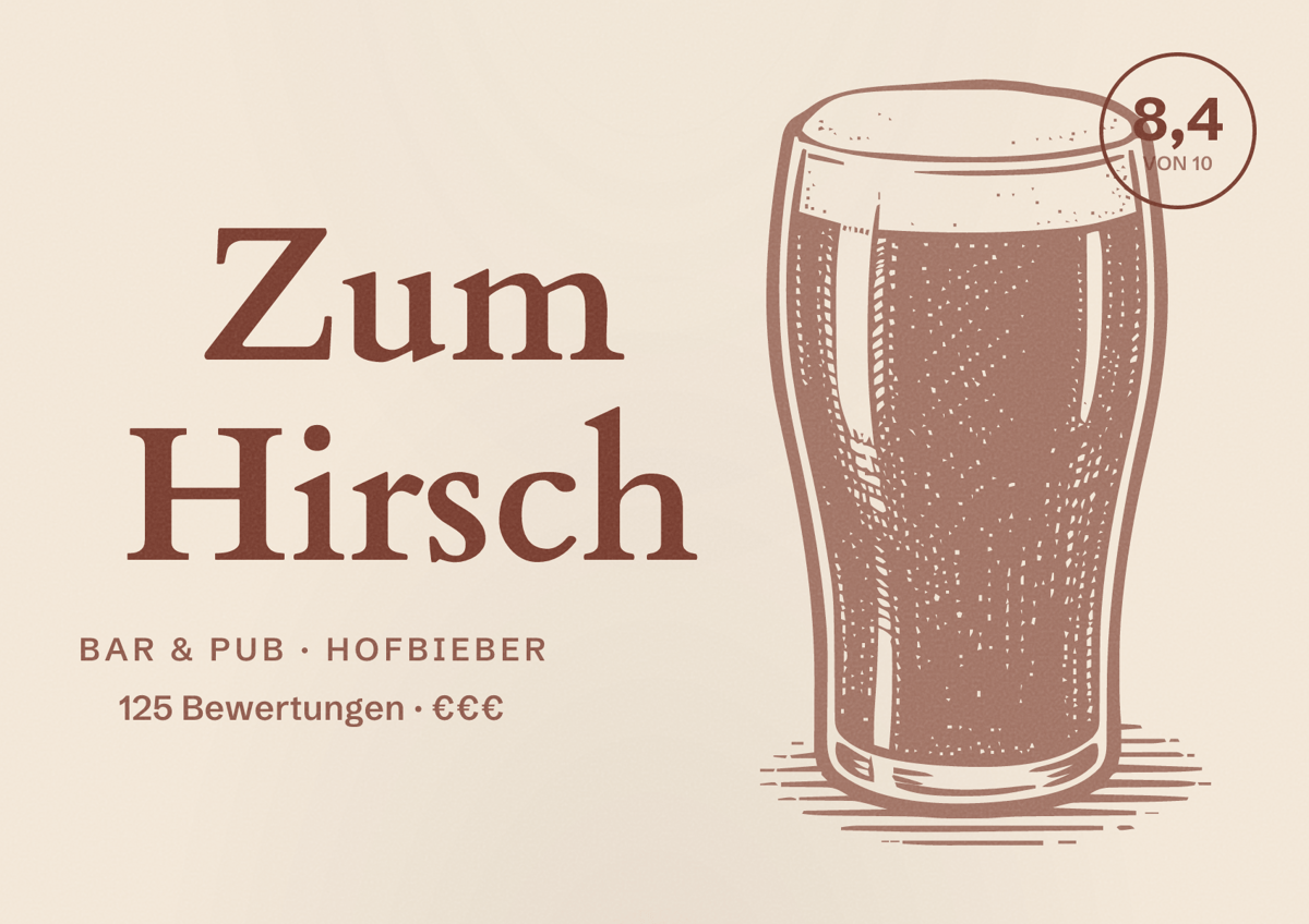 Illustriertes Poster von Zum Hirsch, Bar & Pub in Hofbieber: Bewertung 8,4 von 10 aus 125 Bewertungen, Preisniveau €€€