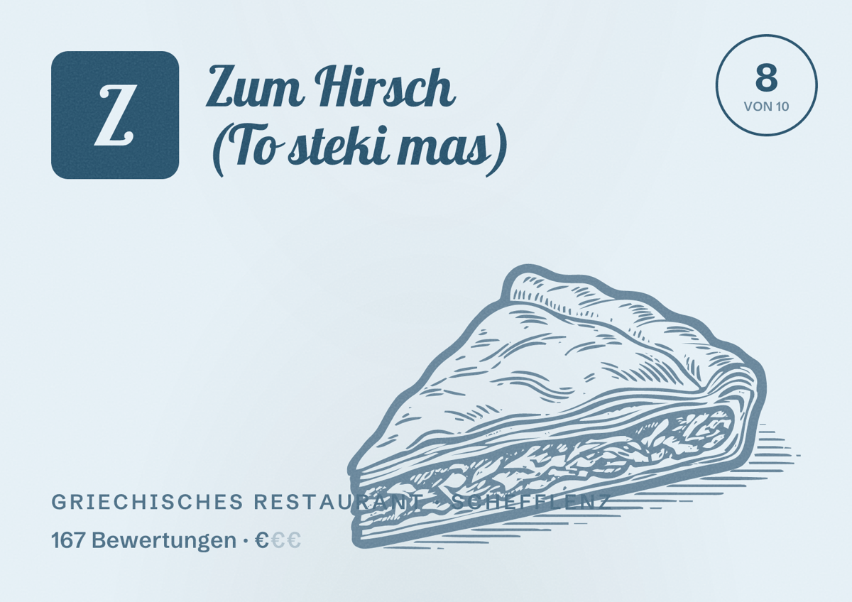 Illustriertes Poster von Zum Hirsch (To steki mas), Griechisches Restaurant in Schefflenz: Bewertung 8 von 10 aus 167 Bewertungen, Preisniveau €