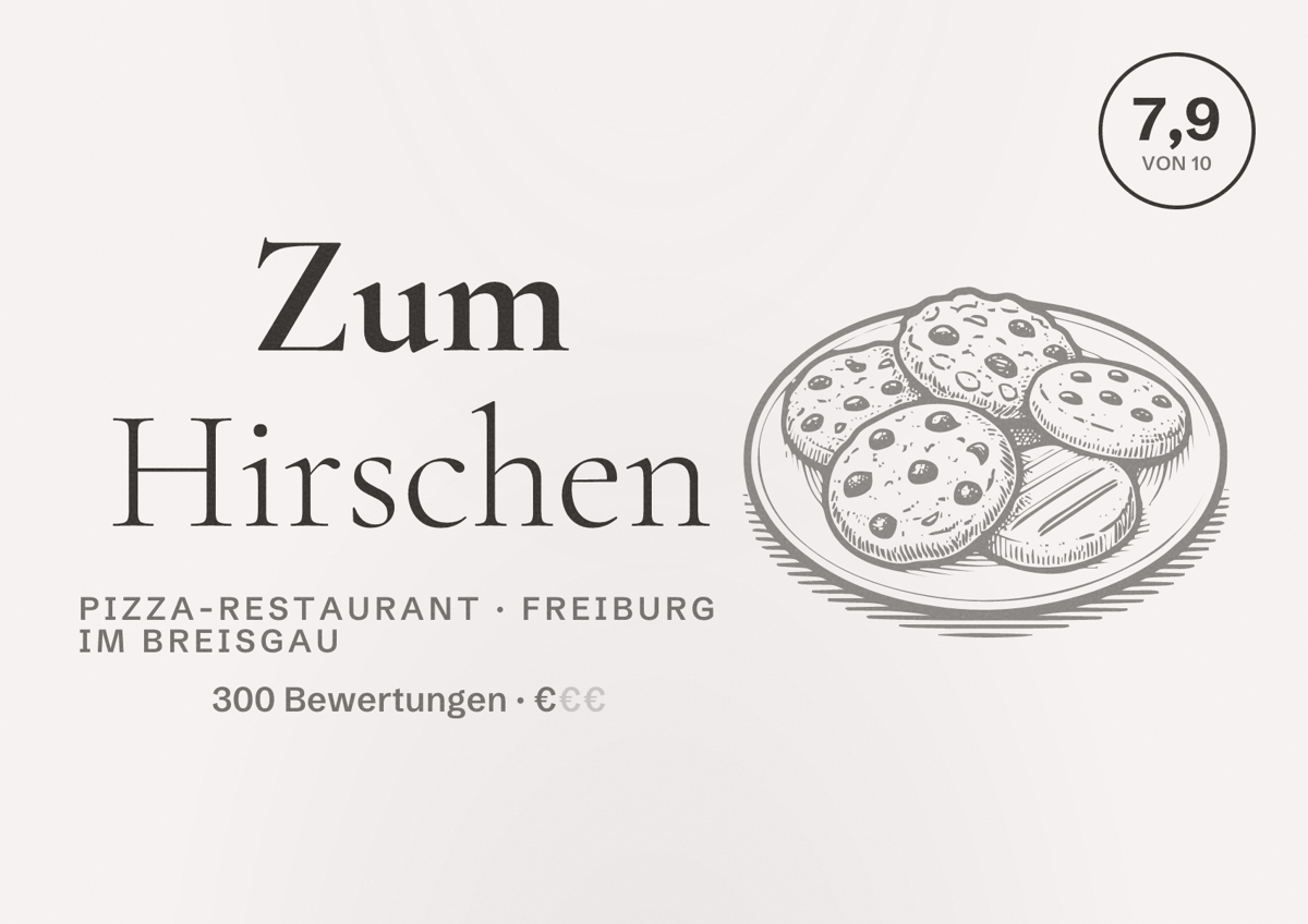 Illustriertes Poster von Zum Hirschen, Pizza-Restaurant in Freiburg im Breisgau: Bewertung 7,9 von 10 aus 300 Bewertungen, Preisniveau €