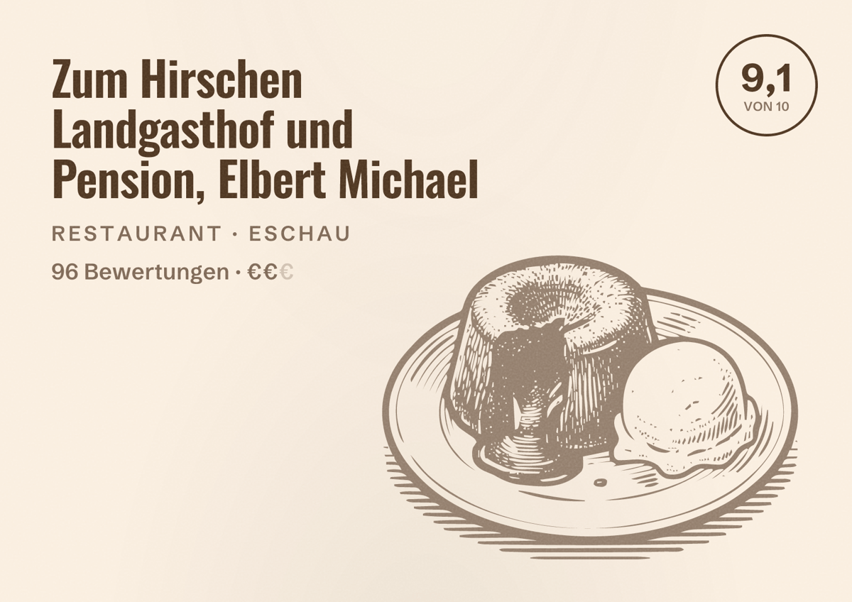 Illustriertes Poster von Zum Hirschen Landgasthof und Pension, Elbert Michael, Restaurant in Eschau: Bewertung 9,1 von 10 aus 96 Bewertungen, Preisniveau €€